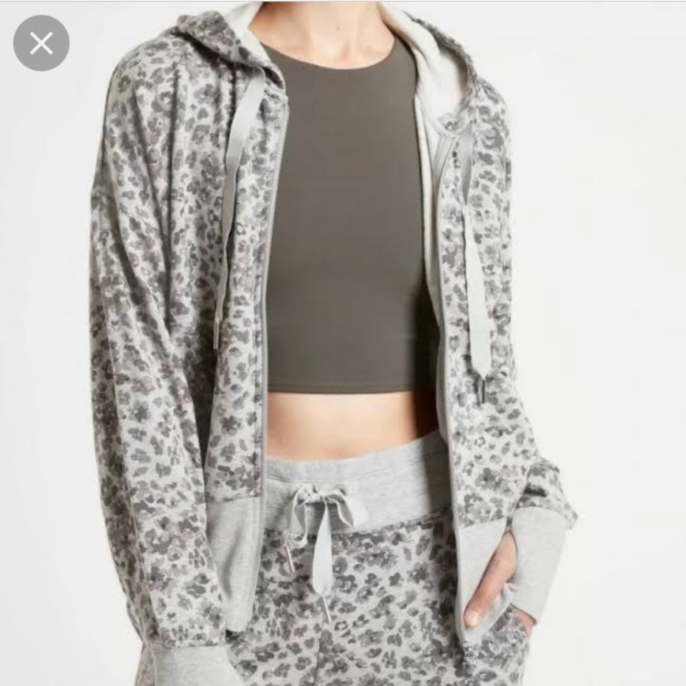 Athleta Balance hoodie full-zip leopard spot gray, medium